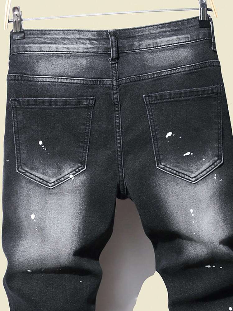 Manfinity Homme Herrjeans i plusstorlek med slitna jeans och tvättad effekt, slim fit, långa, slitna, fransade jeans, cargo, enfärgade, mörkgrå, fest, mode, ute, umgås, urban, gatufest, emo-stil, grunge - Svart - Visa 4