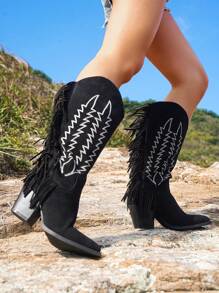 Styleloop Retro Western Style Embroidered Tassel Cowboy Boots Farm Boots Ranch Boots Riding Boots High Boots Motorcycle Boots - Black - View 1