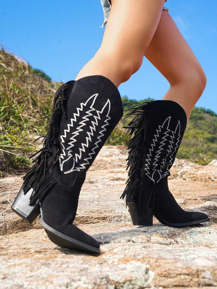 Styleloop Retro Western Style Embroidered Tassel Cowboy Boots Farm Boots Ranch Boots Riding Boots High Boots Motorcycle Boots - Black - View 1
