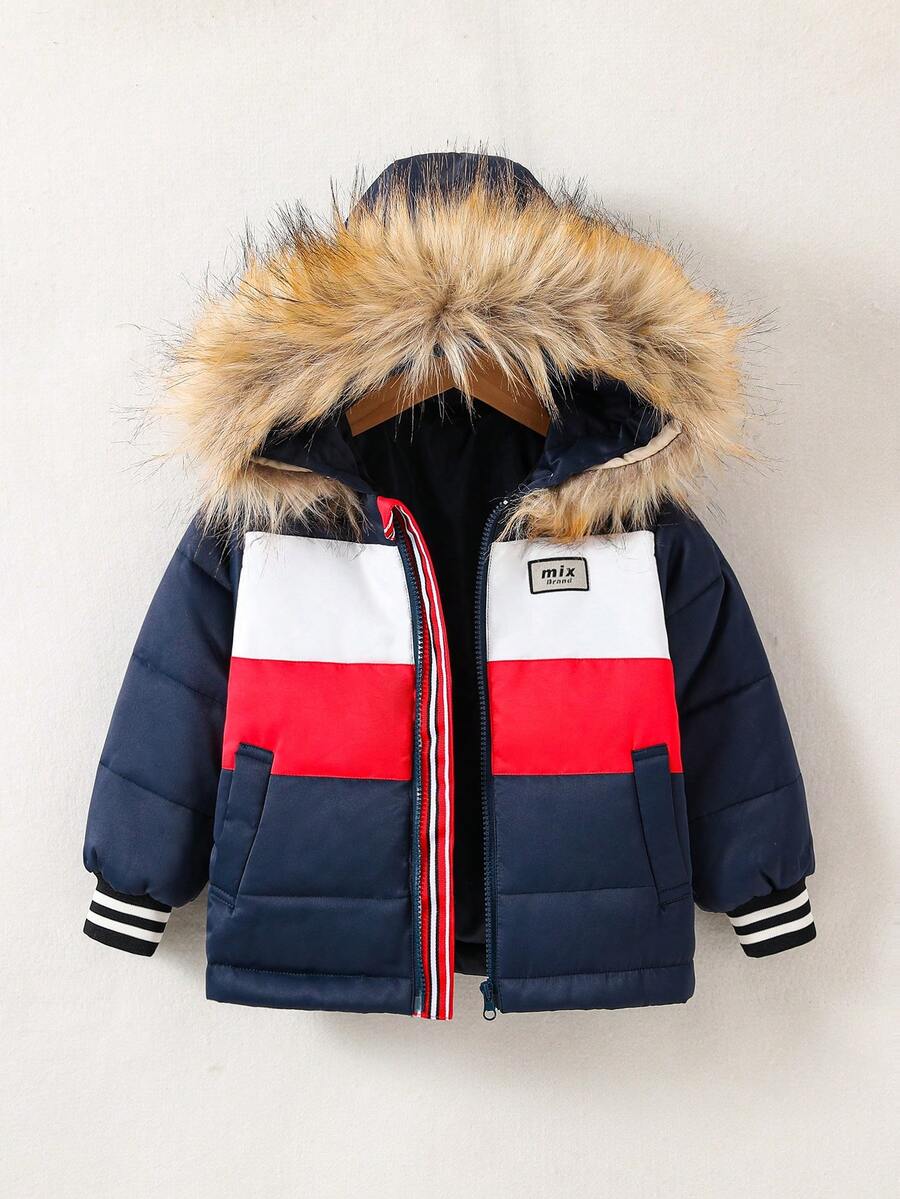 SHEIN Áo khoác trùm đầu có đệm họa tiết loang màu cho bé trai - Màu xanh hải quân - Xem 1