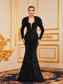 Faeriesty Đầm dự tiệc sang trọng tay dài bằng vải satin sequin tương phản - màu đen - Xem 7