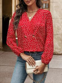 EMERY ROSE Của phụ nữ Toàn thân In hình trái tim Bọc Áo sơ mi - Đỏ - Xem 3