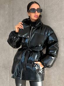 EURMUSE 立領垂肩袖棉墊外套 - 黑色 - 查看 7