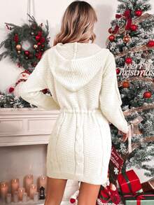 SHEIN Essnce 半拉鍊連帽毛衣連身裙 - 米色 - 查看 2