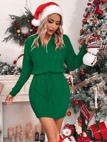 SHEIN LUNE Nửa Zip áo có mũ Đầm Áo len - màu xanh lá - Xem 4