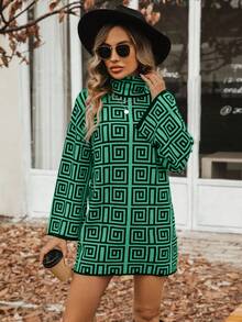 SHEIN LUNE In Hình học Cổ cao Thả vai Tay áo dài Đầm Áo len - màu xanh lá - Xem 6