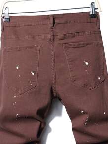 Manfinity Roughcore Men's Frayed Distressed Ripped Jeans With Ink-splatter Print And Button Fly Closure - Coffee Brown - View 4