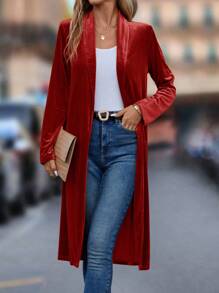 SHEIN Clasi Shawl Collar Open Placket Velvet Jacket - Red - View 1