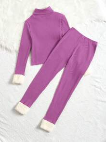 SHEIN Tween 女童罗纹针织毛绒立领长袖 T 恤和裤子两件套 - 紫丁香色 - 查看 2