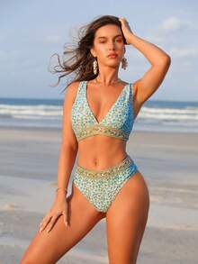 SHEIN Swim 女士花卉印花泳裝套裝 - 彩色 - 查看 3