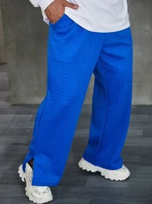Manfinity Hypemode Pantalones De Chándal De Talla Grande Para Hombres Con Piernas Anchas Y Dobladillo Dividido - Azul - Ver 7