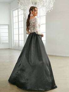 Missord Váy dạ hội đính sequin hoa màu đen thanh lịch dài tay trang trọng cho tiệc cưới, dự tiệc tốt nghiệp, tiệc tối - màu đen - Xem 2