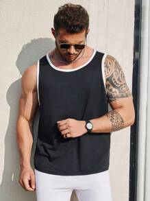 SHEIN Manfinity Homme 男士大尺碼對比邊飾背心 - 黑色 - 查看 1