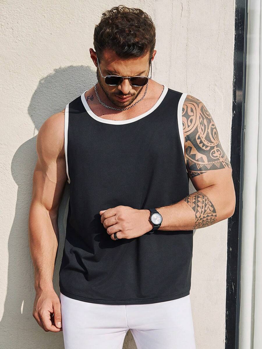 SHEIN Manfinity Homme 男士大尺碼對比邊飾背心 - 黑色 - 查看 1