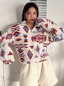 DAZY Women's Geometric Pattern Zipper Half Placket Sweatshirt,Thermal Lined Fall,Winter - Multicolor - View 4