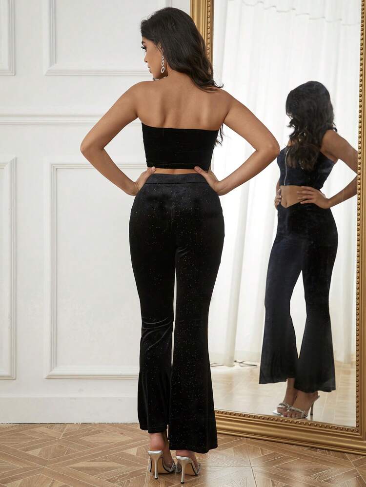 Women's Sparkly Zipper Crop Top And Flared Pants Set
