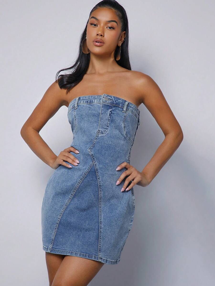 Washed Denim Strapless Dress