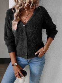 EMERY ROSE Short Cut Mink Hair V-Neck Cardigan,Long Sleeve Tops Fall Winter Cloth For Women - Black - View 5