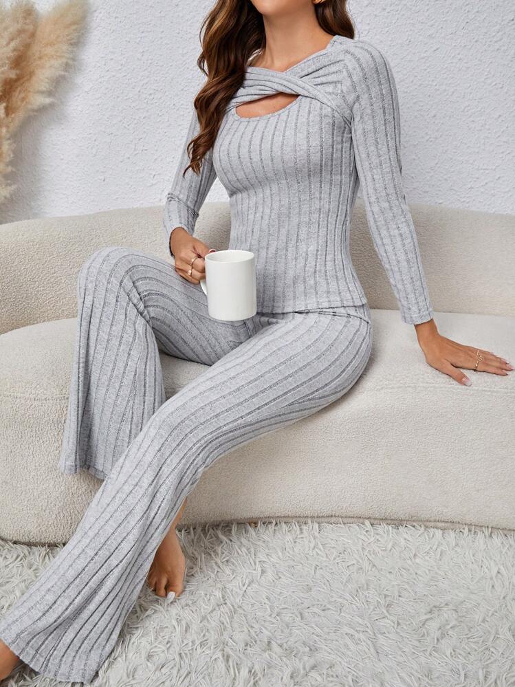 SHEIN Unity Của phụ nữ Mùa Thu /đông Thời gian rảnh rỗi Sọc Hai chiếc Bộ - Xám - Xem 1