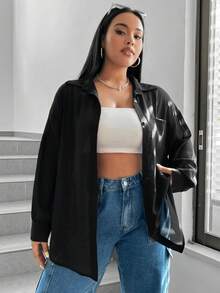 SHEIN EZwear Black Woven Loose Casual Women's Shirt - Black - View 4