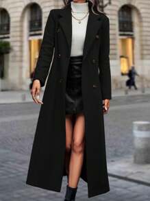 SHEIN Clasi Long Woolen Coat With Pointed Lapel Collar And Double-breasted Buttons - Black - View 5
