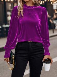 SHEIN Clasi Của phụ nữ Nhung Áo sơ mi Với Viền Ruffle - Màu đỏ tím - Xem 1