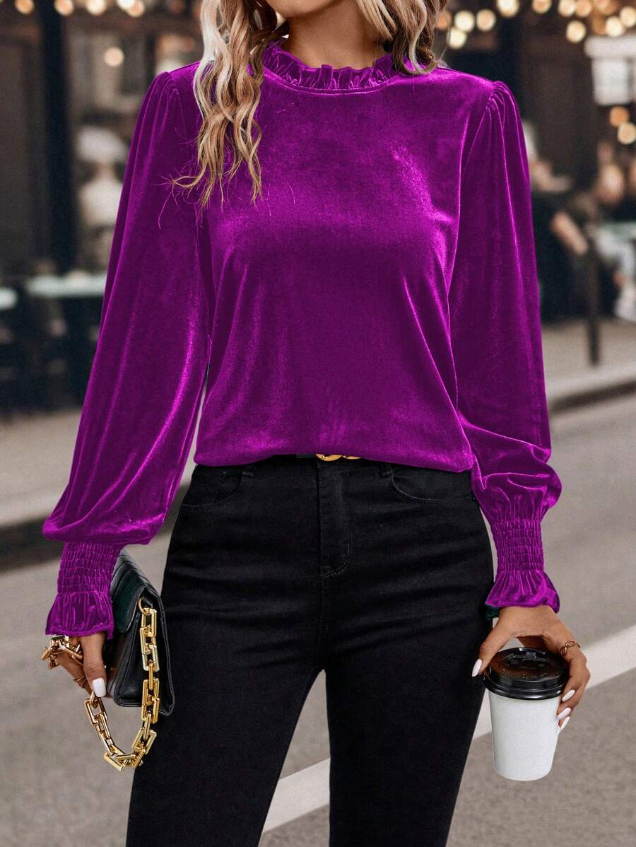 SHEIN Clasi Của phụ nữ Nhung Áo sơ mi Với Viền Ruffle - Màu đỏ tím - Xem 1