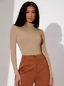 SHEIN BAE Của phụ nữ Đứng cổ áo Tay áo dài Áo liền quần chặt - Màu Khaki - Xem 4