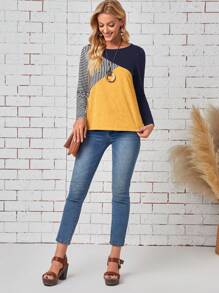 EMERY ROSE Striped Print Colorblock Tee - Yellow - View 5