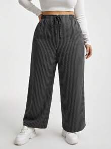 SHEIN Essnce 女裝大尺碼休閒直筒條紋寬褲,適合春夏工作裝 - 灰色 - 查看 6