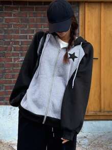 DAZY 女式秋季五角星图案插肩袖拉链前开连帽运动衫，休闲保暖内衬 - 灰色 - 查看 8