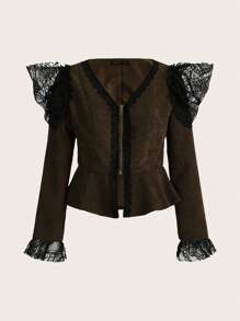 ROMWE PUNK Contrast Lace Flare Sleeve Jacket - Brown - View 1
