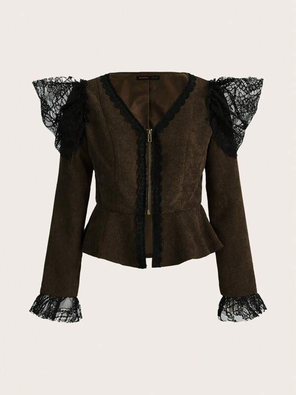 ROMWE PUNK Contrast Lace Flare Sleeve Jacket
