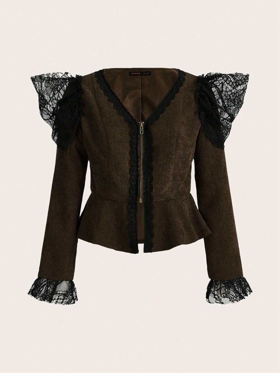 ROMWE PUNK Contrast Lace Flare Sleeve Jacket - Brown - View 1