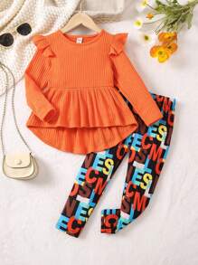 SHEIN Little Girls' Solid Colored T-shirt With Ruffled Hem And Letter Printed Leggings Set - Orange - View 1