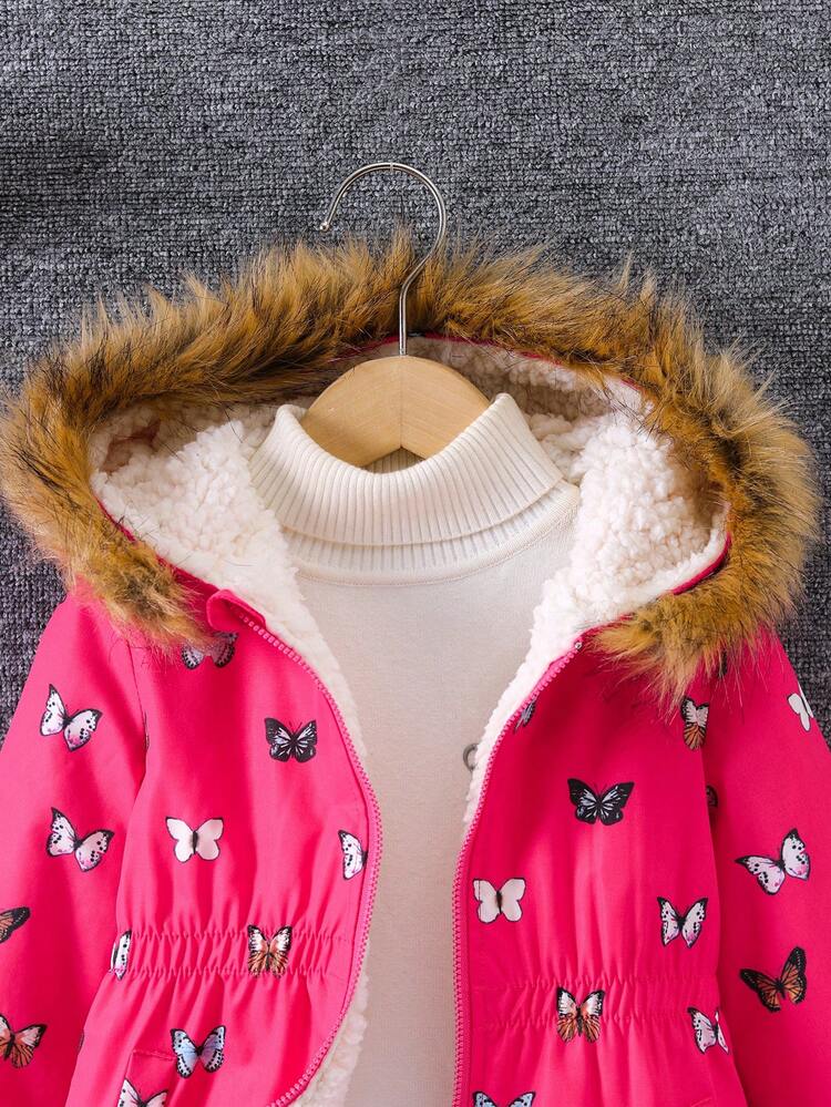 SHEIN Abrigo Acolchado Con Capucha Y Cuello De Polar Con Estampado De Mariposas Para Niña - Rosa Fucsia - Añade 5