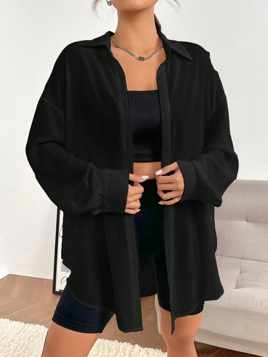 SHEIN EZwear 女款純色系扣落肩襯衫 - 黑色 - 查看 1