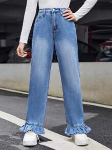 SHEIN Teen Girls' Frayed Hem Denim Jeans With Ruffle Trim - Medium Wash - View 1