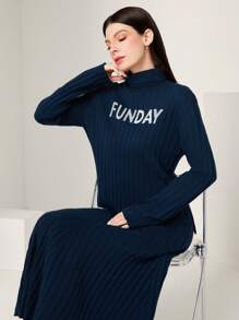 Seusyu 女士高領毛衣兩件套,印有字母圖案 - 水鴨藍 - 查看 3