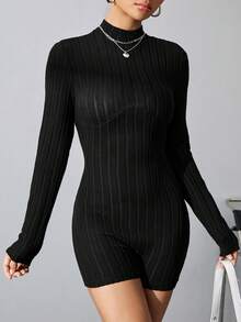 SHEIN Unity 立領肋紋修身連體裝 - 黑色 - 查看 3