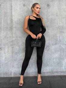 SHEIN SXY 女用不對稱領口緊身連身褲 - 黑色 - 查看 1