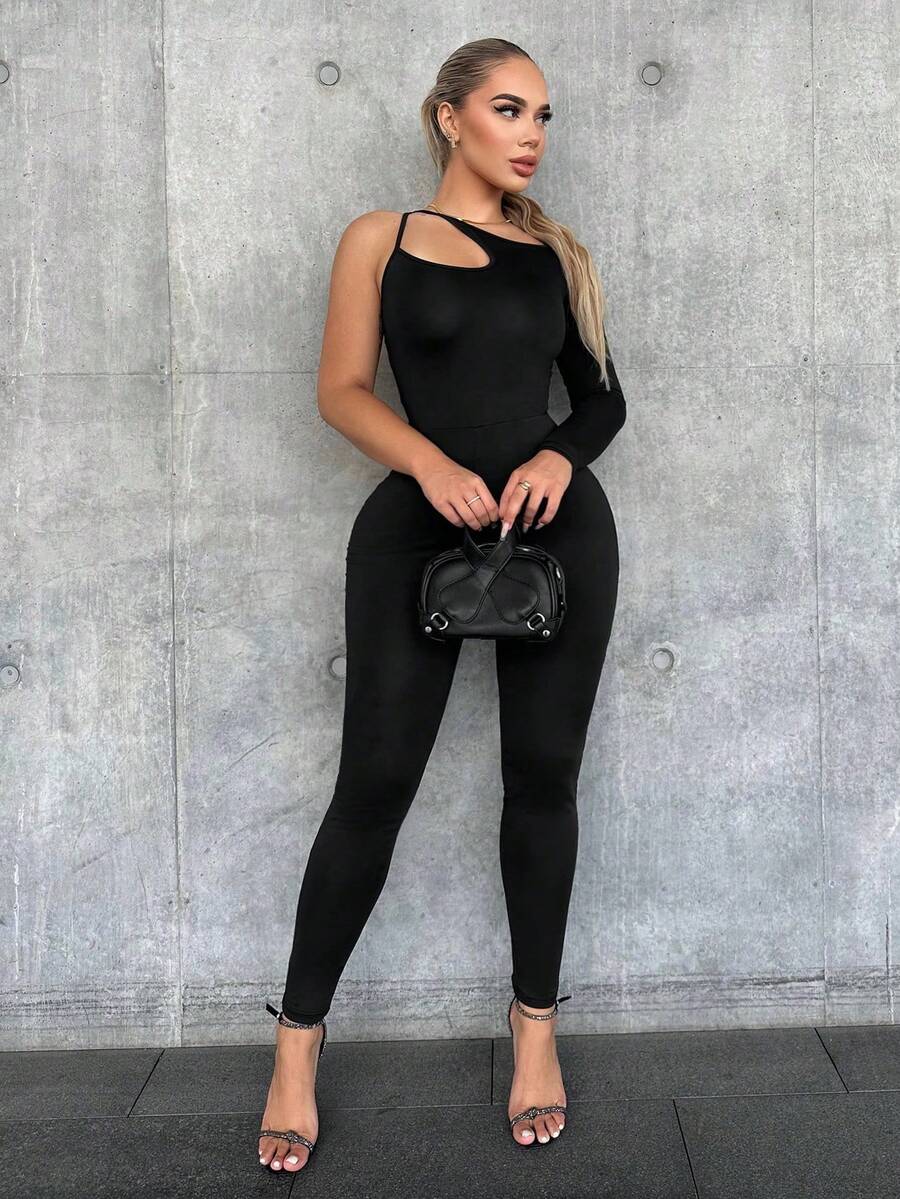 SHEIN SXY 女用不對稱領口緊身連身褲 - 黑色 - 查看 1