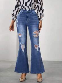 SHEIN Essnce Jeans Svasati Da Donna Con Fori Effetto Consumato
