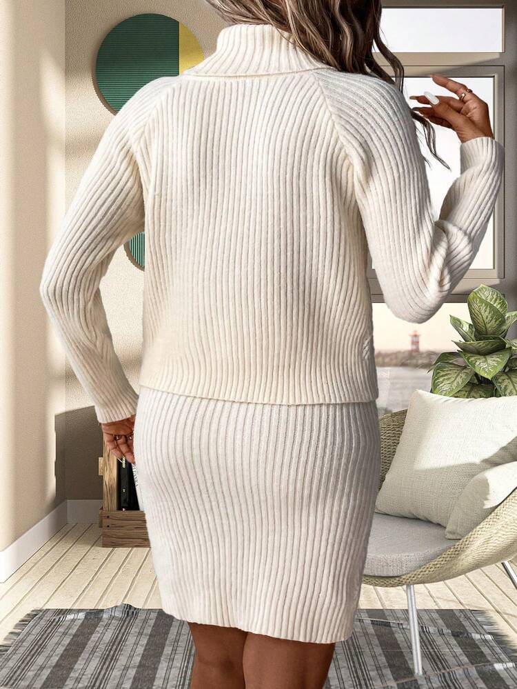 Plus Size Turtleneck Raglan Sleeve Sweater And Knitted Skirt Set Fall Cloth For Women
