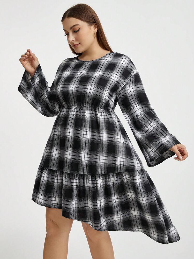 Women's Plus Size Plaid Dress With Drawstring Waist, Bell Sleeve And Ruffled Hem
