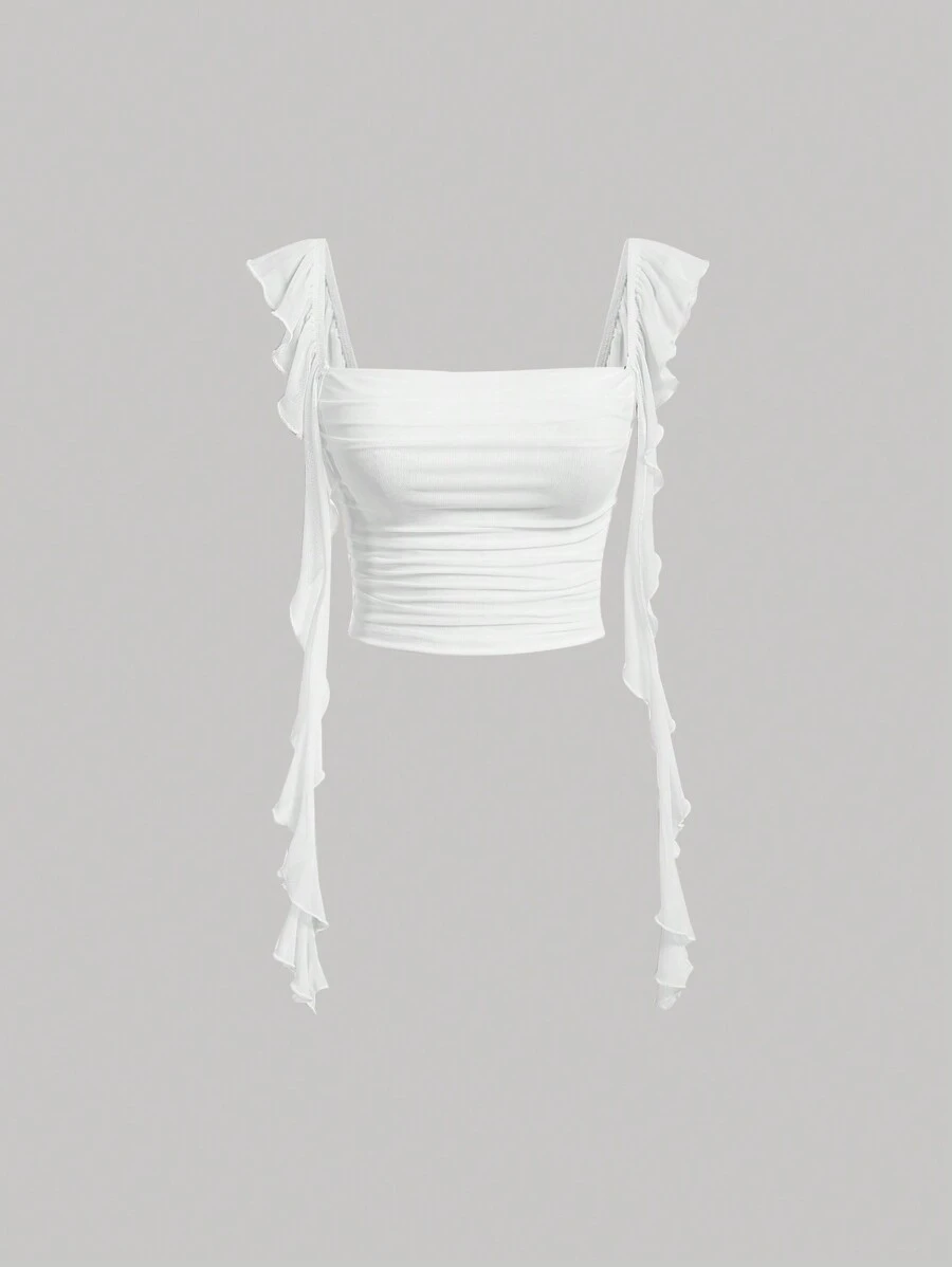 SHEIN MOD 女款純色荷葉邊下擺吊帶上衣 - 白色 - 查看 1