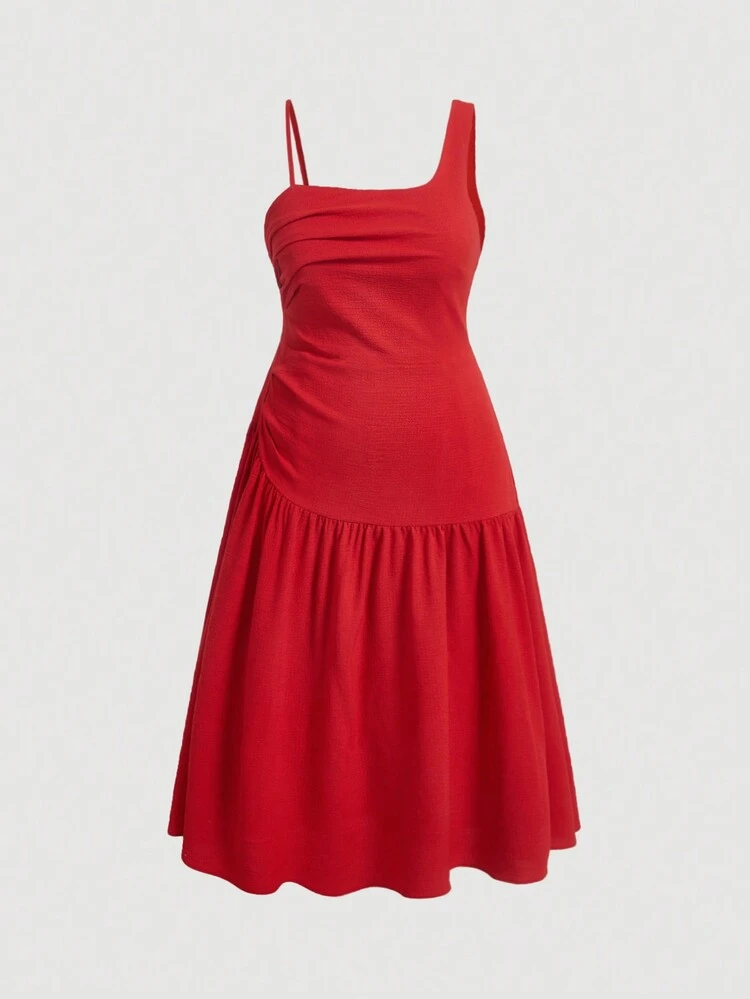 Plus Size Solid Color Asymmetric Collar Ruffle Dress