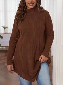 SHEIN LUNE 不对称下摆大码高领 T 恤 - 卡其色 - 查看 1