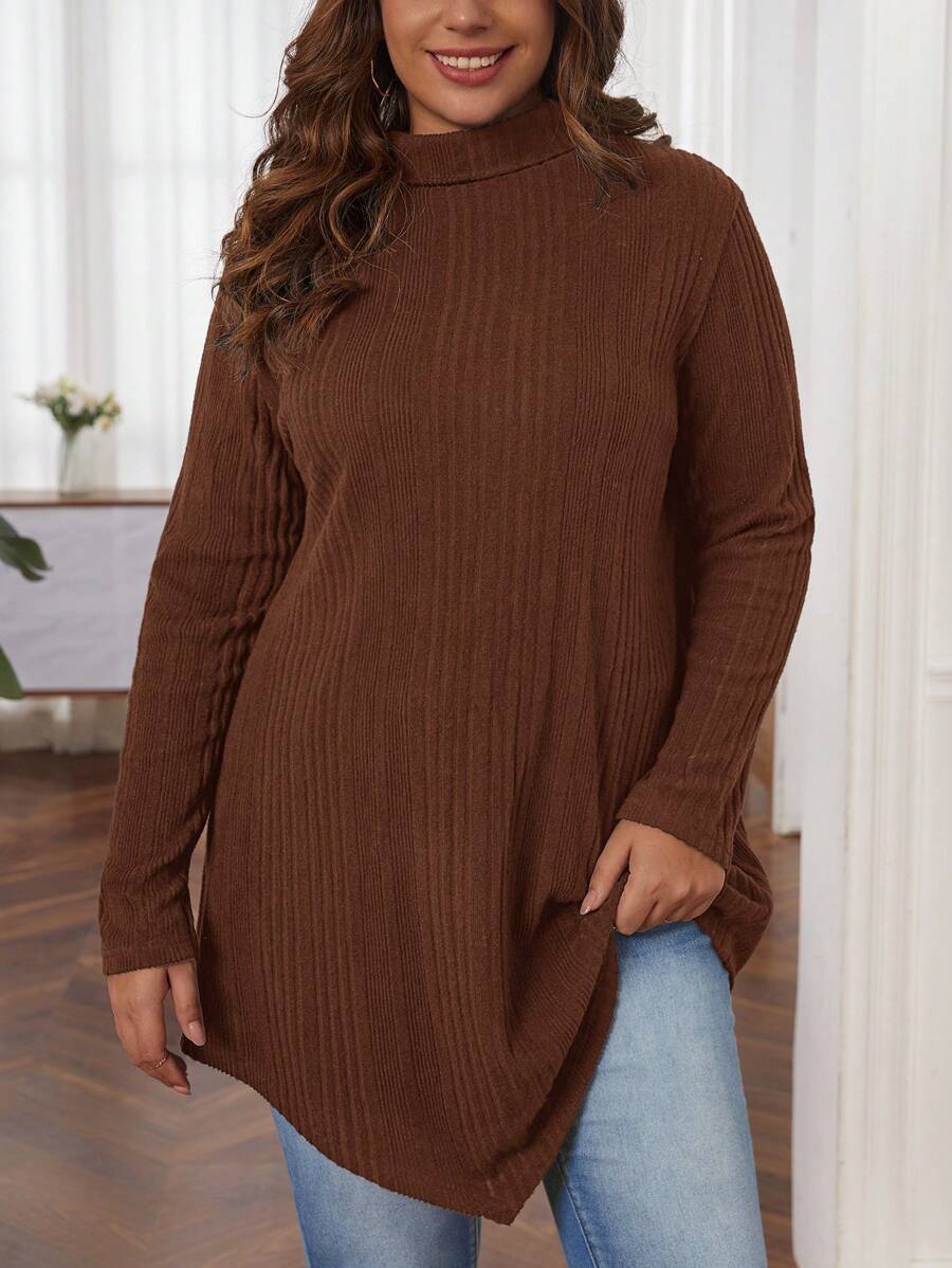 SHEIN LUNE 不对称下摆大码高领 T 恤 - 卡其色 - 查看 1