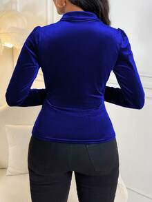 SHEIN Clasi 女式純色天鵝絨包裹式前開襟袖子和服領上衣 - 寶藍色 - 查看 2